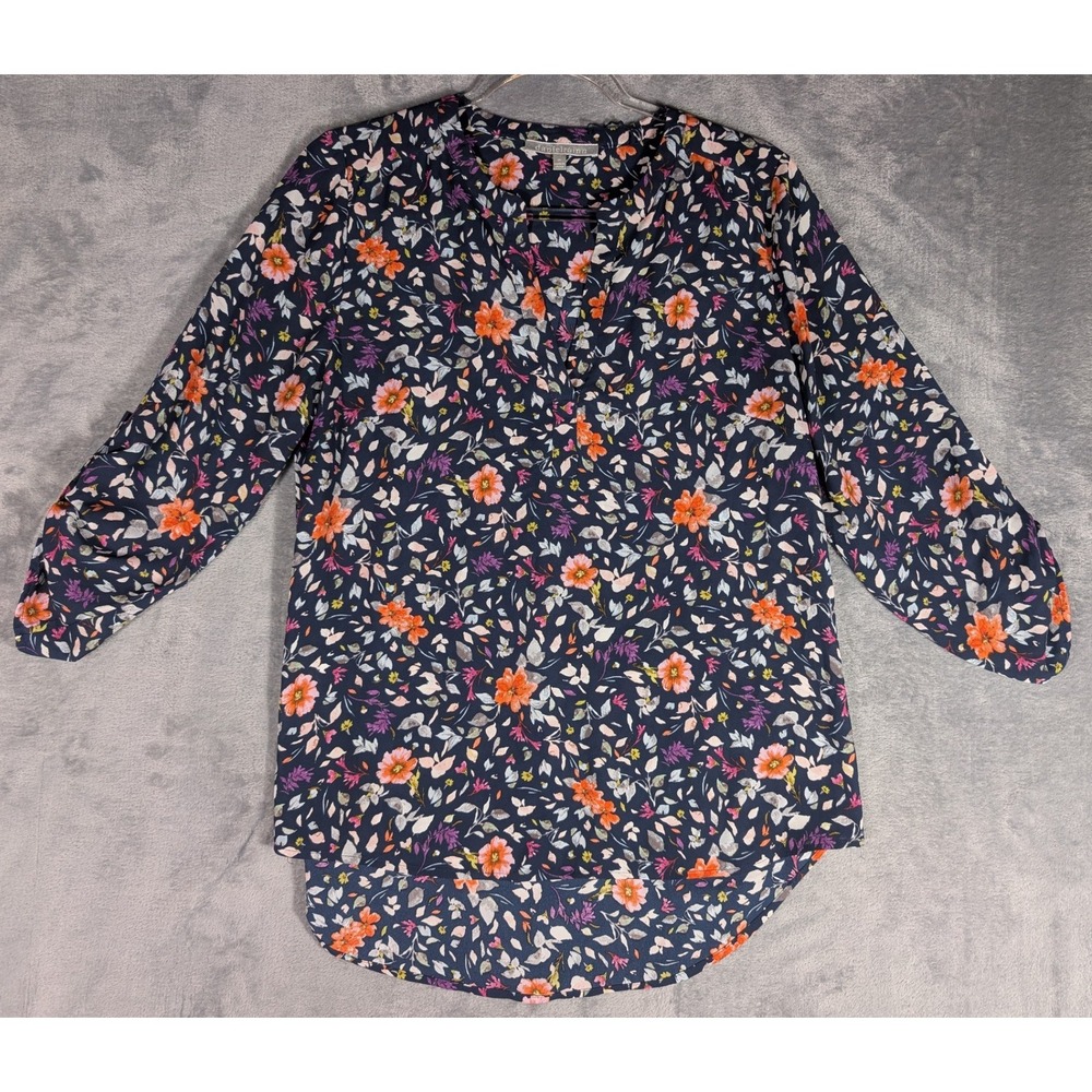 Daniel Rainn Blouse Womens Medium Navy Blue Floral Split Neck Roll Tab Sleeve